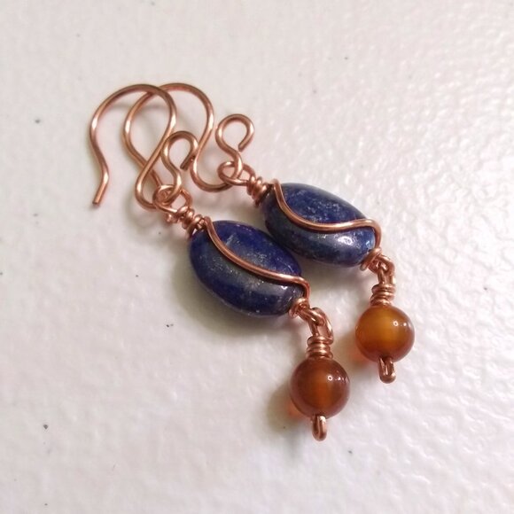 Copper Wire Wrapped Earrings ~ Lapis Lazuli & Russet Agate | Fall Jewelry - Picture 5 of 9